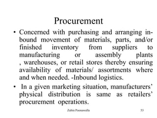 53
Procurement
• Concerned with purchasing and arranging in-
bound movement of materials, parts, and/or
finished inventory from suppliers to
manufacturing or assembly plants
, warehouses, or retail stores thereby ensuring
availability of materials/ assortments where
and when needed. -Inbound logistics.
• In a given marketing situation, manufacturers‟
physical distribution is same as retailers‟
procurement operations.
Zubin Poonawalla
 