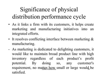 58
Significance of physical
distribution performance cycle
• As it links a firm with its customers, it helps create
marketing and manufacturing initiatives into an
integrated efforts.
• It resolves conflicting interface between marketing &
manufacturing.
- As marketing is dedicated to delighting customers, it
would like to maintain broad product line with high
inventory regardless of each product‟s profit
potential. By doing so, any customer's
requirement, no matter how small or large would be
satisfied.
Zubin Poonawalla
 