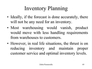 69
Inventory Planning
• Ideally, if the forecast is done accurately, there
will not be any need for an inventory.
• Most warehousing would vanish, product
would move with less handling requirements
from warehouses to customers.
• However, in real life situations, the thrust is on
reducing inventory and maintain proper
customer service and optimal inventory levels.
Zubin Poonawalla
 