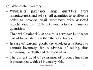 73
(b) Wholesale inventory
- Wholesaler purchases large quantities from
manufacturers and sells small quantities to retailers in
order to provide retail customers with assorted
merchandise from different manufacturers in smaller
quantities.
- Thus wholesaler risk exposure is narrower but deeper
and of longer duration than that of retailers.
- In case of seasonal goods, the wholesaler is forced to
commit inventory, far in advance of selling, thus
increasing the depth and duration of risk.
- The current trend of expansion of product lines has
increased the width of inventory risk.
Zubin Poonawalla
 