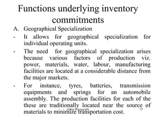 75
Functions underlying inventory
commitments
A. Geographical Specialization
- It allows for geographical specialization for
individual operating units.
- The need for geographical specialization arises
because various factors of production viz.
power, materials, water, labour, manufacturing
facilities are located at a considerable distance from
the major markets.
- For instance, tyres, batteries, transmission
equipments and springs for an automobile
assembly. The production facilities for each of the
these are traditionally located near the source of
materials to minimize transportation cost.
Zubin Poonawalla
 