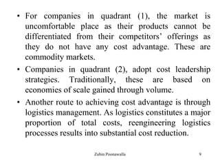 9
• For companies in quadrant (1), the market is
uncomfortable place as their products cannot be
differentiated from their competitors‟ offerings as
they do not have any cost advantage. These are
commodity markets.
• Companies in quadrant (2), adopt cost leadership
strategies. Traditionally, these are based on
economies of scale gained through volume.
• Another route to achieving cost advantage is through
logistics management. As logistics constitutes a major
proportion of total costs, reengineering logistics
processes results into substantial cost reduction.
Zubin Poonawalla
 