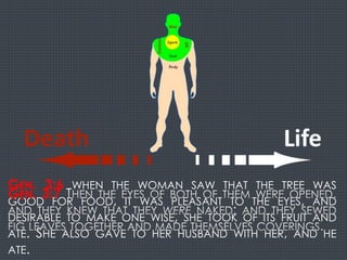 GEN. 3:6 WHEN THE WOMAN SAW THAT THE TREE WAS
GOOD FOR FOOD, IT WAS PLEASANT TO THE EYES, AND
DESIRABLE TO MAKE ONE WISE, SHE TOOK OF ITS FRUIT AND
ATE. SHE ALSO GAVE TO HER HUSBAND WITH HER, AND HE
ATE.
GEN. 3:7
 