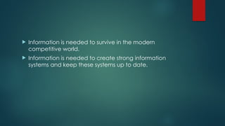  Information is needed to survive in the modern
competitive world.
 Information is needed to create strong information
systems and keep these systems up to date.
 