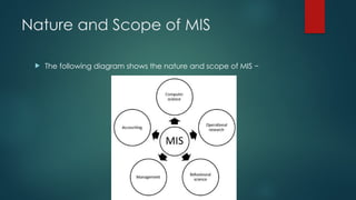 Nature and Scope of MIS
 The following diagram shows the nature and scope of MIS −
 