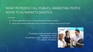WHAT PR PEOPLE CALL PUBLICS, MARKETING PEOPLE
REFER TO AS MARKETS (MOSTLY)
• Is it true?
A. Markets simply refer to the set of actual and potential buyers of a product
B. Publics also encompass stakeholders, who can impact the company in ways not just financial
“I’ve always considered myself a market.
How ‘bout you, Janey?”
“I’m definitely a public. What are you, Joan?”
“I’m a tekram. I’m dyslexic.”
 