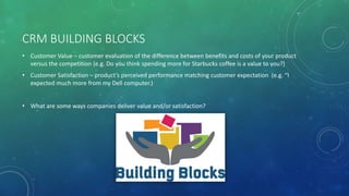 CRM BUILDING BLOCKS
• Customer Value – customer evaluation of the difference between benefits and costs of your product
versus the competition (e.g. Do you think spending more for Starbucks coffee is a value to you?)
• Customer Satisfaction – product’s perceived performance matching customer expectation (e.g. “I
expected much more from my Dell computer.)
• What are some ways companies deliver value and/or satisfaction?
 