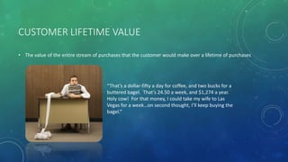 CUSTOMER LIFETIME VALUE
• The value of the entire stream of purchases that the customer would make over a lifetime of purchases
“That’s a dollar-fifty a day for coffee, and two bucks for a
buttered bagel. That’s 24.50 a week, and $1,274 a year.
Holy cow! For that money, I could take my wife to Las
Vegas for a week…on second thought, I’ll keep buying the
bagel.”
 