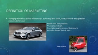 DEFINITION OF MARKETING
• Managing Profitable Customer Relationships…by meeting their needs, wants, demands through better
products, better value
People need transportation.
Americans want cars
If we had enough money, we’d demand a
Mercedes, but we’ll settle for a…
…Peel Trident
 
