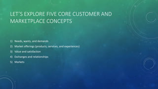 LET’S EXPLORE FIVE CORE CUSTOMER AND
MARKETPLACE CONCEPTS
1) Needs, wants, and demands
2) Market offerings (products, services, and experiences)
3) Value and satisfaction
4) Exchanges and relationships
5) Markets
 