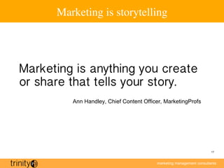 marketing management consultants
17
Marketing is storytelling
Marketing is anything you create
or share that tells your st...