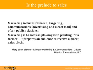 marketing management consultants
5
Is the prelude to sales
!
!
Marketing includes research, targeting,
communications (adv...
