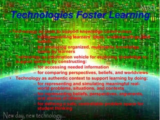Technologies Foster Learning •  Technology as tools to support knowledge construction: for representing learners' ideas, understandings, and beliefs for producing organized, multimedia knowledge bases by learners Technology as information vehicle for exploring knowledge to support learning by constructing: for accessing needed information for comparing perspectives, beliefs, and worldviews Technology as authentic context to support learning by doing: for representing and simulating meaningful real-world problems, situations, and contexts for representing beliefs, perspectives, arguments, and stories of others for defining a safe, controllable problem space for student thinking 