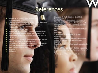 References Becker, H. J.. (1985).  How schools use microcomputers: Summaryofa  1983  national survey.  (ERIC Document Reproduction Service No. EO 257448) Clark, R. (1983). Mere vehicles.  Review of Educational Research,  53(4), 445-459. Hadley, M., & Sheingold, K. (1993).Comrnonalities and distinctive patterns in teacher interaction of computers.  American Journal of Edilcation, 101(3), 261-315. Hume, D. (1739/2000).  A treatise of human nature. Oxford, UK: Oxford University Press. Jonassen, D. H. (2000).  Computers as mindtools in schools: Engaging critical thinking .  .Columbus, OH: Merrill/Prentice Hall. Chapter 1 Erlbaum. Jonassen, D. H., & Ionas, 1. G. (2007). Designing effective supports for causal reasoning.  Educational Technology: Research and Development, 55. Polkinghorne, D. (1988).  Narrative knowing and the human sciences.  Albany: State University of New York Press. Scardamalia, M. & Bereiter, C. (1994). Computer support for knowledge building communities. Journal of the Learning Sciences,  3(3), 265-283. Schank, R. C. (1994). Goal-based scenarios. In R. C. Schank & E. Langer (Eds.),  Beliefs, reasoning, and decision making: Psycho-logic in honor of Bob Abelson  (pp. 1-33). Hillsdale, NI: Lawrence 