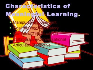 Characteristics of Meaningful Learning . Manipulative/Observant Goal directed/Regulatory Complex/Contextualized Collaborative/Conversational Articulate /Reflective 