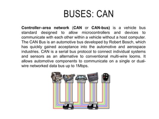 BUSES: CAN
Controller–area network (CAN or CAN-bus) is a vehicle bus
standard designed to allow microcontrollers and devices to
communicate with each other within a vehicle without a host computer.
The CAN Bus is an automotive bus developed by Robert Bosch, which
has quickly gained acceptance into the automotive and aerospace
industries. CAN is a serial bus protocol to connect individual systems
and sensors as an alternative to conventional multi-wire looms. It
allows automotive components to communicate on a single or dual-
wire networked data bus up to 1Mbps.
 