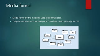 Media forms:
 Media forms are the mediums used to communicate.
 They are mediums such as: newspaper, television, radio, printing, film etc.
 