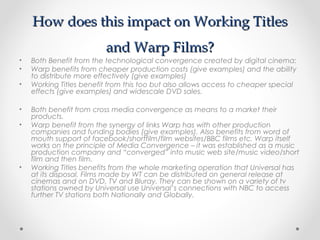 How does this impact on Working TitlesHow does this impact on Working Titles
and Warp Films?and Warp Films?
• Both Benefit from the technological convergence created by digital cinema:
• Warp benefits from cheaper production costs (give examples) and the ability
to distribute more effectively (give examples)
• Working Titles benefit from this too but also allows access to cheaper special
effects (give examples) and widescale DVD sales.
• Both benefit from cross media convergence as means to a market their
products.
• Warp benefit from the synergy of links Warp has with other production
companies and funding bodies (give examples). Also benefits from word of
mouth support of facebook/shortfilm/film websites/BBC films etc. Warp itself
works on the principle of Media Convergence – it was established as a music
production company and “converged” into music web site/music video/short
film and then film.
• Working Titles benefits from the whole marketing operation that Universal has
at its disposal. Films made by WT can be distributed on general release at
cinemas and on DVD, TV and Bluray. They can be shown on a variety of tv
stations owned by Universal use Universal’s connections with NBC to access
further TV stations both Nationally and Globally.
 