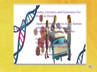 Today, Genetics and Genomics Go
Hand in Hand
Applying the analysis of the human
genome and its products
to medicine, we now consider:
Gene interactions
Control of gene expression
Environmental interaction
Gene variations interactions
 