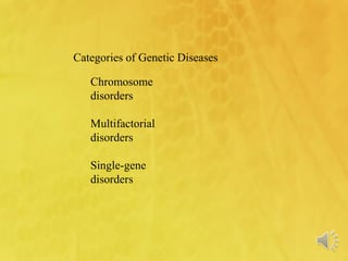 Categories of Genetic Diseases
Chromosome
disorders
Multifactorial
disorders
Single-gene
disorders
 