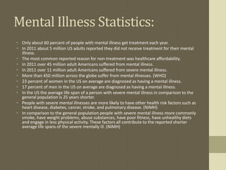 Mental Illness Statistics:
• Only about 60 percent of people with mental illness get treatment each year.
• In 2011 about 5 million US adults reported they did not receive treatment for their mental
  illness.
• The most common reported reason for non-treatment was healthcare affordability.
• In 2011 over 45 million adult Americans suffered from mental illness.
• In 2011 over 11 million adult Americans suffered from severe mental illness.
• More than 450 million across the globe suffer from mental illnesses. (WHO)
• 23 percent of women in the US on average are diagnosed as having a mental illness.
• 17 percent of men in the US on average are diagnosed as having a mental illness.
• In the US the average life span of a person with severe mental illness in comparison to the
  general population is 25 years shorter.
• People with severe mental illnesses are more likely to have other health risk factors such as
  heart disease, diabetes, cancer, stroke, and pulmonary disease. (NIMH)
• In comparison to the general population people with severe mental illness more commonly
  smoke, have weight problems, abuse substances, have poor fitness, have unhealthy diets
  and engage in less physical activity. These factors all contribute to the reported shorter
  average life spans of the severe mentally ill. (NIMH)
 