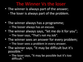 The Winner Vs the loser

• The winner is always part of the answer;
- The loser is always part of the problem.
• The winner always has a programme;
– The looser always has an excuse.

• The winner always says, “let me do it for you”;
– The loser says, “That’s not my Job”.

• The winner sees an answer for every problem;
– The loser sees a problem in every answer.

• The winner says, “it may be difficult but it’s
possible.”
– The loser says, “it may be possible but it’s too
difficult.”

 