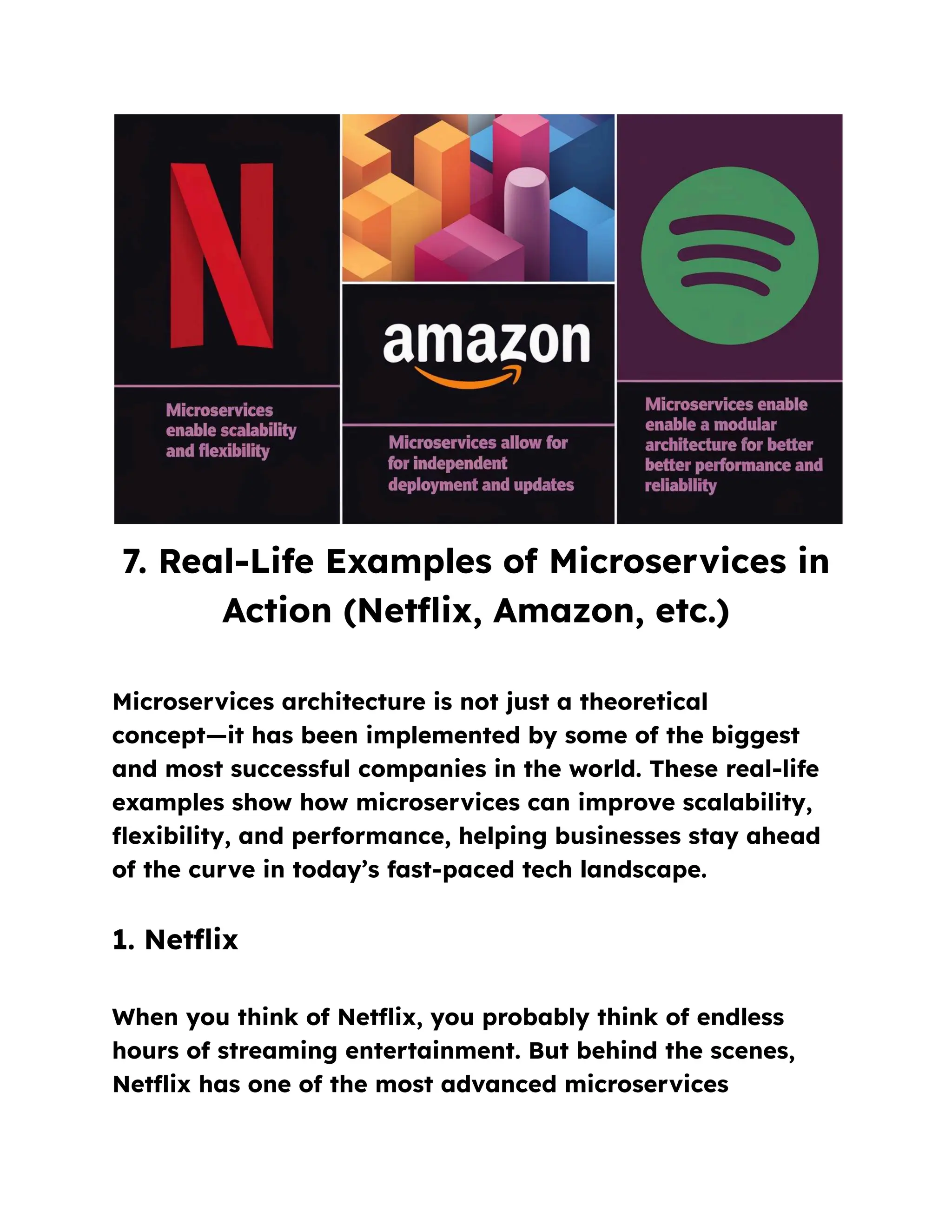 7. Real-Life Examples of Microservices in
Action (Netflix, Amazon, etc.)
Microservices architecture is not just a theoretical
concept—it has been implemented by some of the biggest
and most successful companies in the world. These real-life
examples show how microservices can improve scalability,
flexibility, and performance, helping businesses stay ahead
of the curve in today’s fast-paced tech landscape.
1. Netflix
When you think of Netflix, you probably think of endless
hours of streaming entertainment. But behind the scenes,
Netflix has one of the most advanced microservices
 
