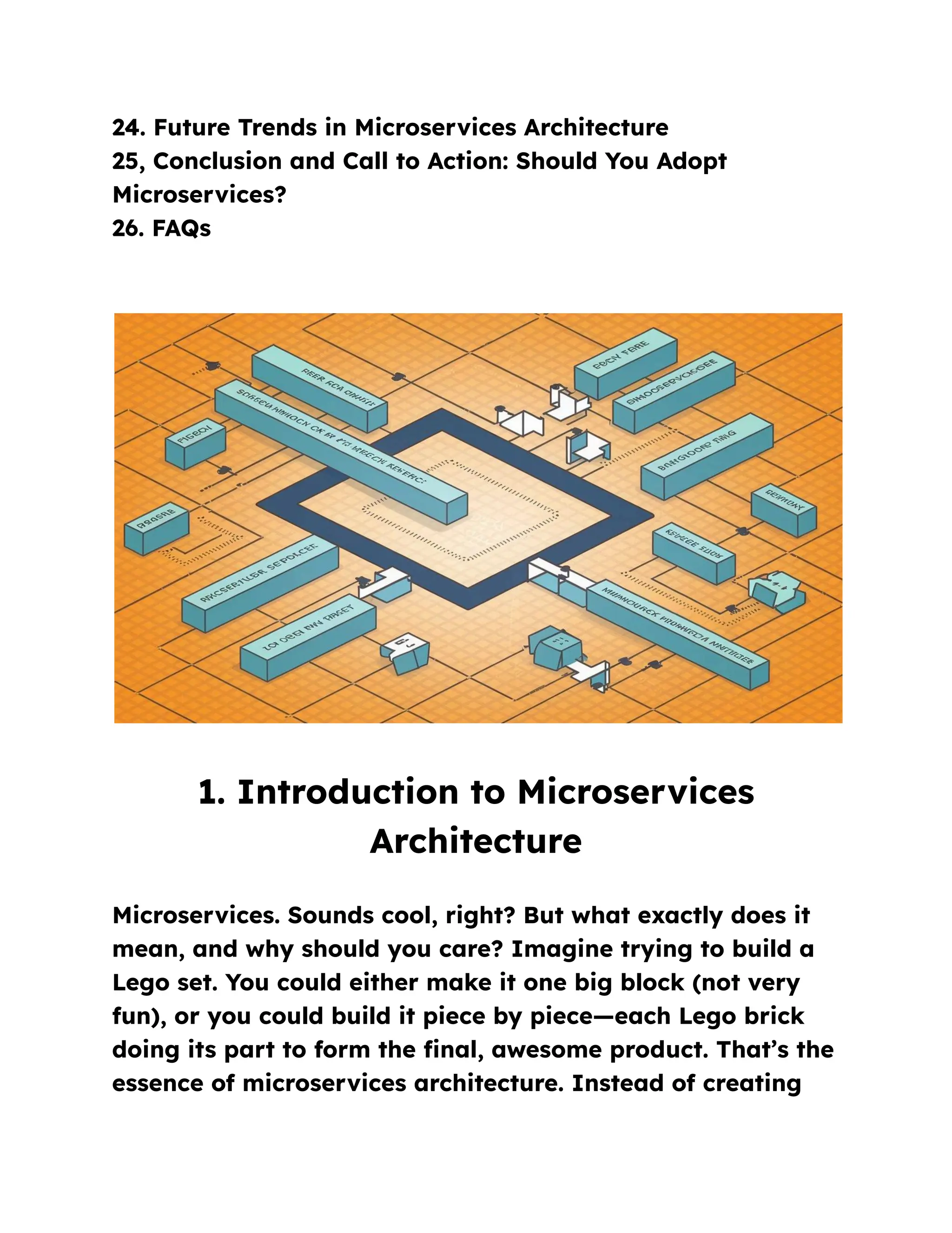 24. Future Trends in Microservices Architecture
25, Conclusion and Call to Action: Should You Adopt
Microservices?
26. FAQs
1. Introduction to Microservices
Architecture
Microservices. Sounds cool, right? But what exactly does it
mean, and why should you care? Imagine trying to build a
Lego set. You could either make it one big block (not very
fun), or you could build it piece by piece—each Lego brick
doing its part to form the final, awesome product. That’s the
essence of microservices architecture. Instead of creating
 