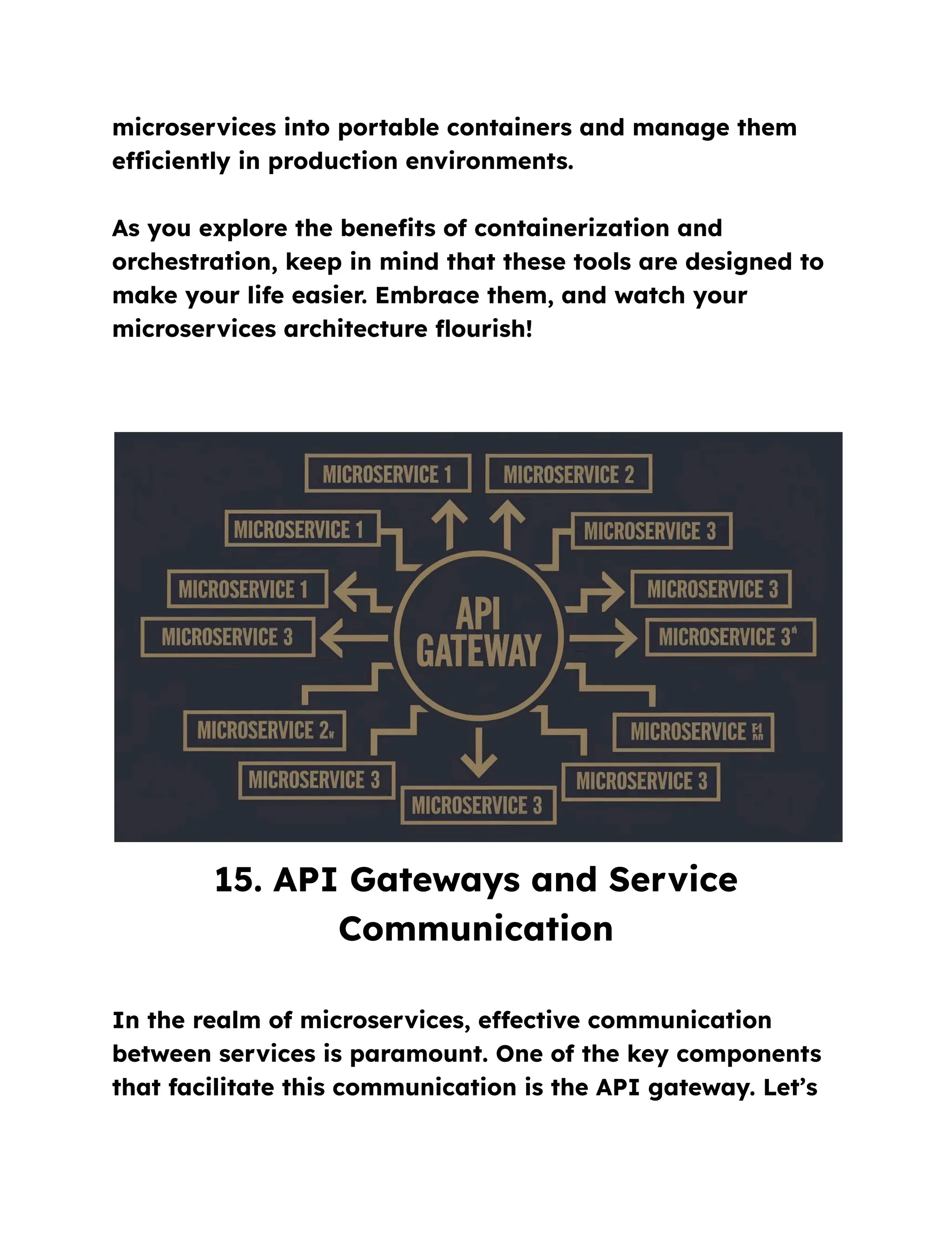 microservices into portable containers and manage them
efficiently in production environments.
As you explore the benefits of containerization and
orchestration, keep in mind that these tools are designed to
make your life easier. Embrace them, and watch your
microservices architecture flourish!
15. API Gateways and Service
Communication
In the realm of microservices, effective communication
between services is paramount. One of the key components
that facilitate this communication is the API gateway. Let’s
 