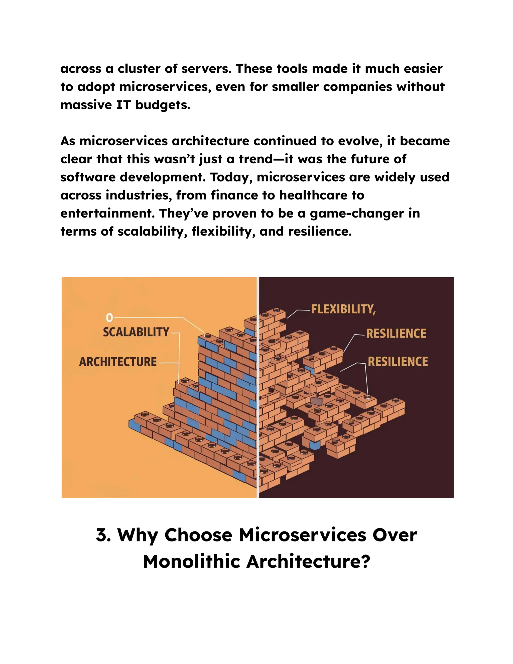 across a cluster of servers. These tools made it much easier
to adopt microservices, even for smaller companies without
massive IT budgets.
As microservices architecture continued to evolve, it became
clear that this wasn’t just a trend—it was the future of
software development. Today, microservices are widely used
across industries, from finance to healthcare to
entertainment. They’ve proven to be a game-changer in
terms of scalability, flexibility, and resilience.
3. Why Choose Microservices Over
Monolithic Architecture?
 