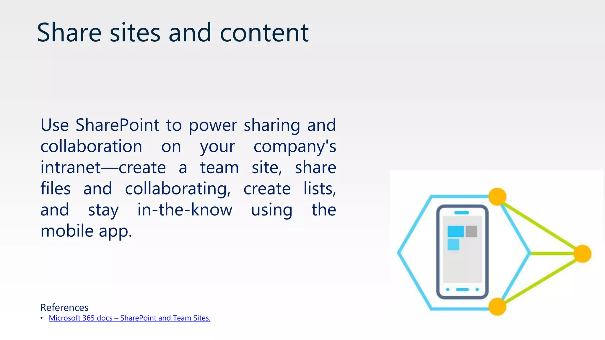 Share sites and content
Use SharePoint to power sharing and
collaboration on your company's
intranet—create a team site, share
files and collaborating, create lists,
and stay in-the-know using the
mobile app.
References
• Microsoft 365 docs – SharePoint and Team Sites.
 