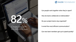 82%
of managers expect to have
more flexible work from
home policies post-pandemic
Can people work together when they’re apart?
How do teams collaborate on deliverables?
Do your project teams stay organized?
Is email the most efficient communication?
Can new team members get up to speed quickly?
 