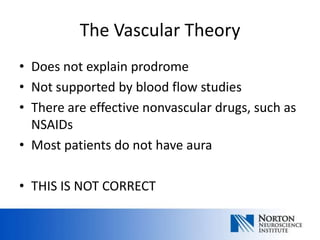 The Vascular Theory
• Does not explain prodrome
• Not supported by blood flow studies
• There are effective nonvascular drugs, such as
  NSAIDs
• Most patients do not have aura

• THIS IS NOT CORRECT
 