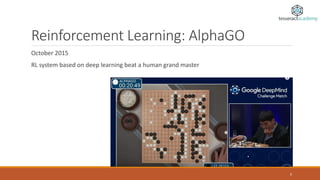 Reinforcement Learning: AlphaGO
October 2015
RL system based on deep learning beat a human grand master
9
 