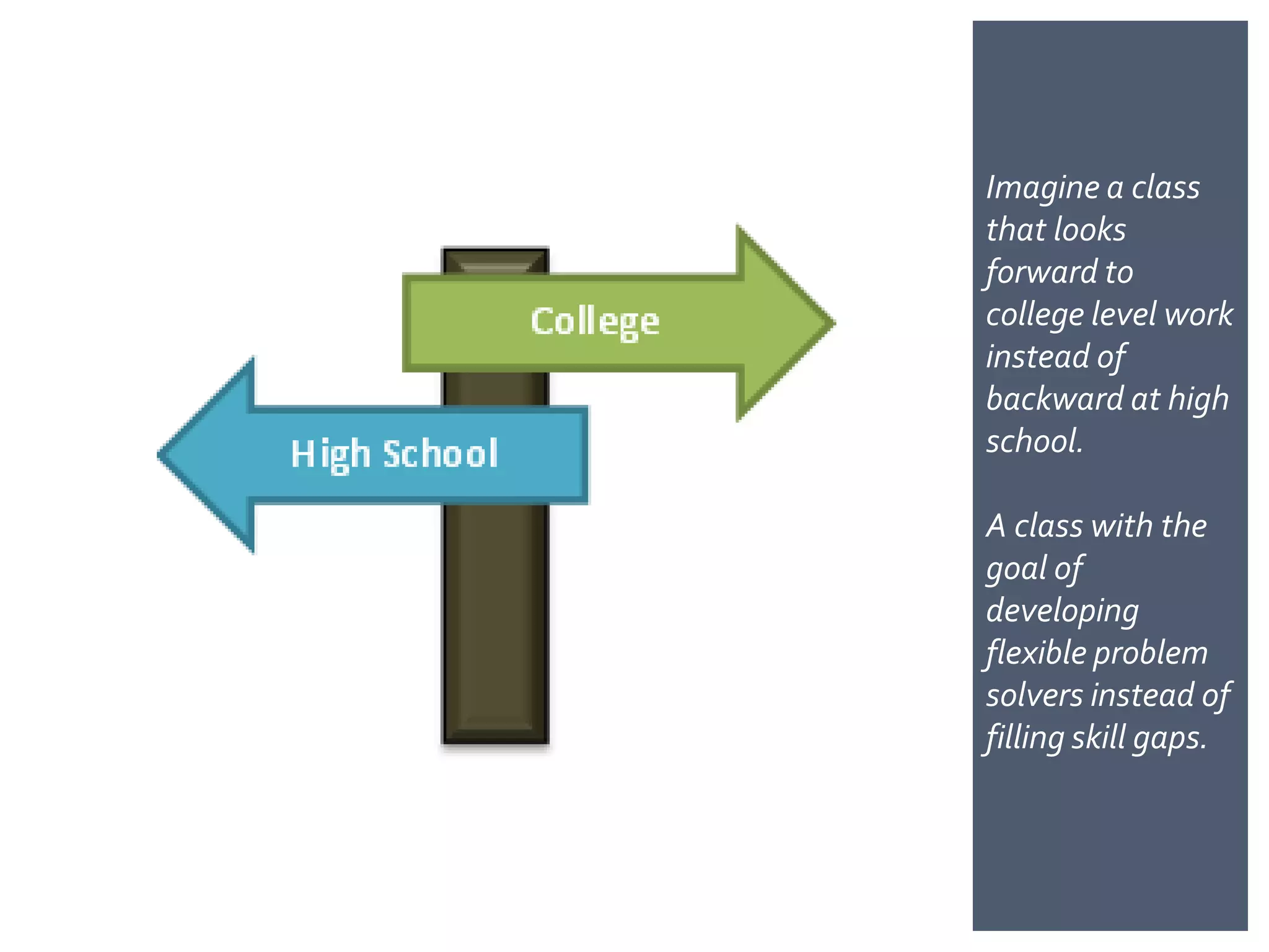 Imagine a class
that looks
forward to
college level work
instead of
backward at high
school.

A class with the
goal of
developing
flexible problem
solvers instead of
filling skill gaps.
 
