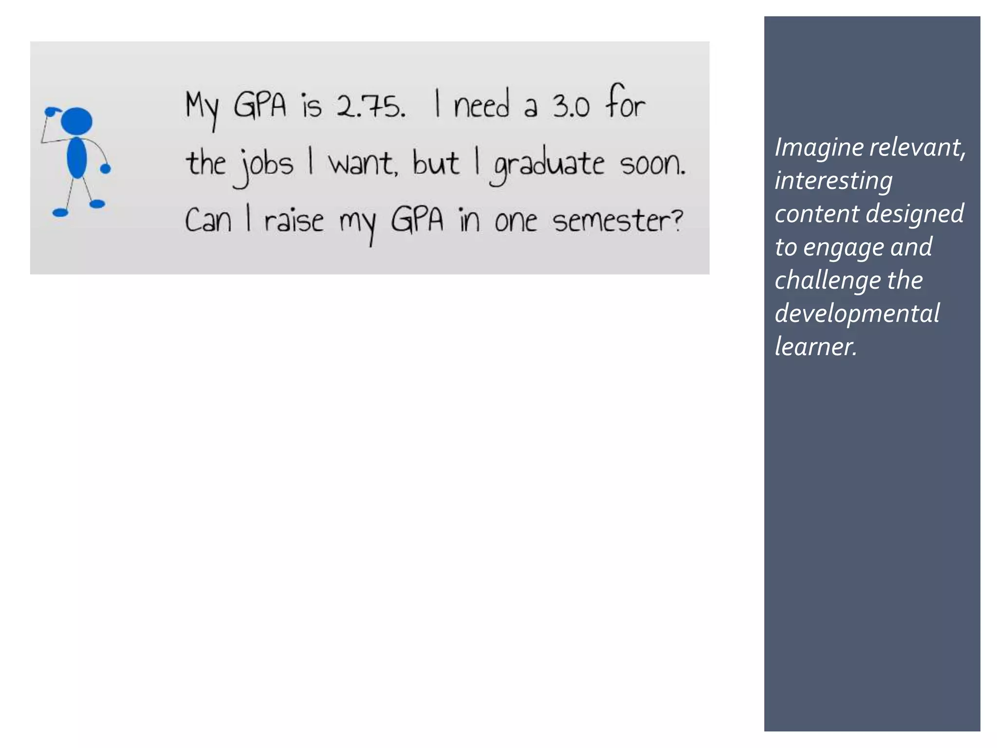 Imagine relevant,
interesting
content designed
to engage and
challenge the
developmental
learner.
 