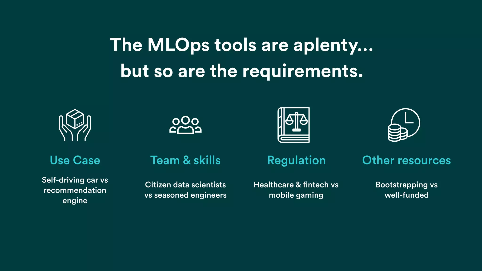 The MLOps tools are aplenty…
but so are the requirements.
Self-driving car vs
recommendation
engine
Citizen data scientists
vs seasoned engineers
Healthcare & fintech vs
mobile gaming
Bootstrapping vs
well-funded
Use Case Team & skills Regulation Other resources
 