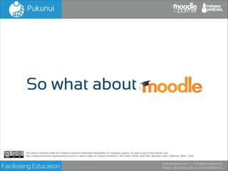 So what about

This work is licensed under the Creative Commons Attribution-ShareAlike 3.0 Unported License. To view a copy of this license, visit!
http://creativecommons.org/licenses/by-sa/3.0/ or send a letter to Creative Commons, 444 Castro Street, Suite 900, Mountain View, California, 94041, USA.

Facilitating Education

www.pukunui.com / info@pukunui.com
Phone: 1300 466 635 or +61 8 9328 4545

 
