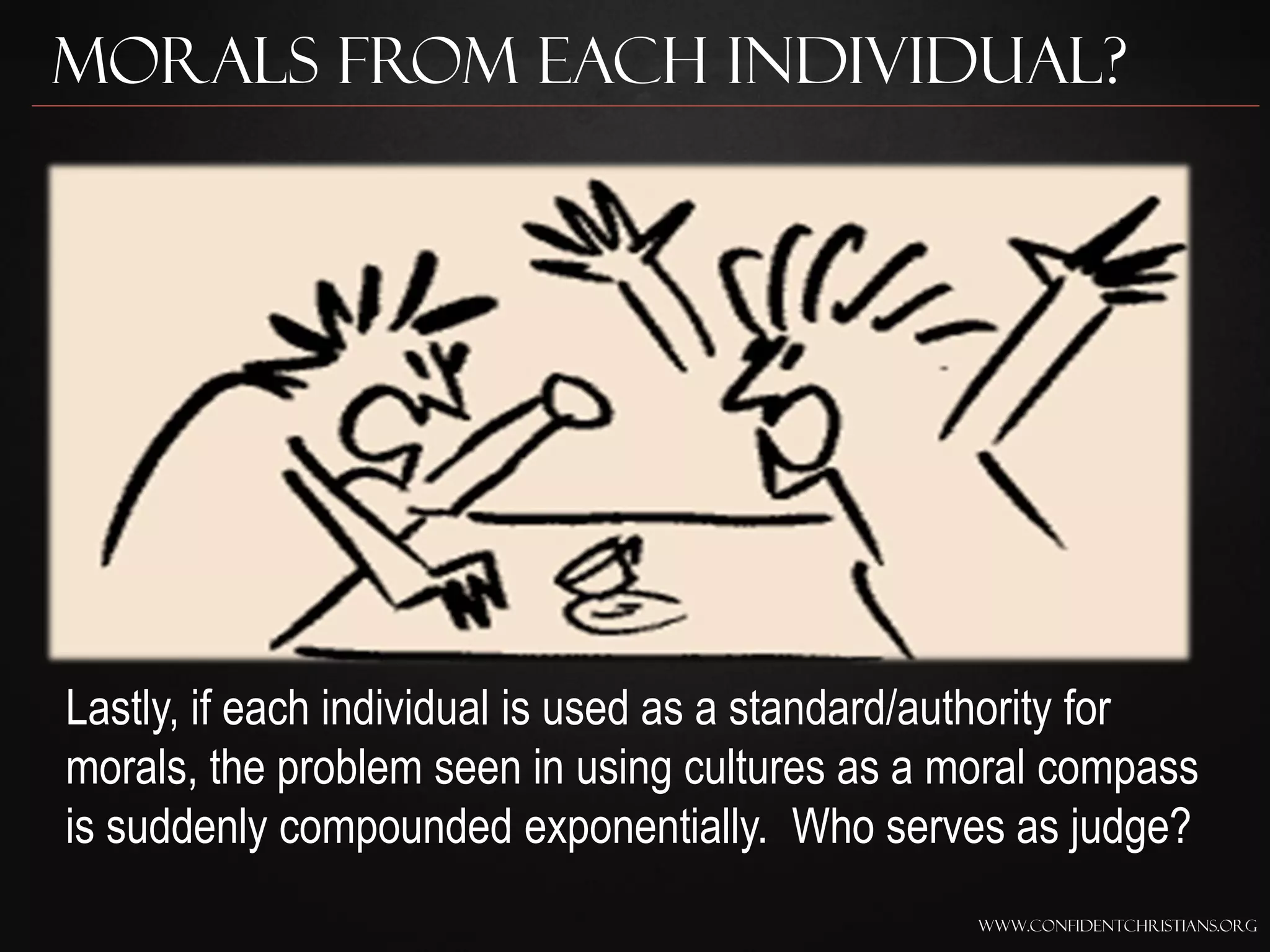 Morals from Each Individual?




Lastly, if each individual is used as a standard/authority for
morals, the problem seen in using cultures as a moral compass
is suddenly compounded exponentially. Who serves as judge?
                                                 www.confidentchristians.org
 