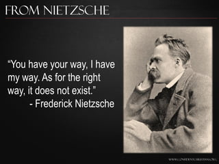 From Nietzsche



“You have your way, I have
my way. As for the right
way, it does not exist.”
      - Frederick Nietzsche



                              www.confidentchristians.org
 