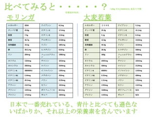 比べてみると・・・・・？                           育環境科発表）
                                                                   （100g 対比/ANRESCO, 鳥取大学教



モリンガ                                             大麦若葉
エネルギー    205K       ナイアシン     8.2mg              エネルギー    ２０８Ｋ           ナイアシン       5.1mg

タンパク質    29.8g      ビタミンC     17.4mg             タンパク質    25.3g          ビタミンC       15.1mg

脂質       7.5g       ビタミンE     113mg              脂質       5.1g           ビタミンE       6.5mg

糖質       36.7g      アルギニン     2158mg             糖質       12.6g          アルギニン       1533mg

食物繊維     19.2g      リジン       1891mg             食物繊維     44.4g          リジン         1618mg

鉄        28.2,mg    ヒスチジン     610mg              鉄        28.9g          ヒスチジン       568mg

リン       204mg      フェニルアラニ   1986mg             リン       360g           フェニルアラニ     1448mg
                    ン                                                    ン

カリウム     1324mg     チロシン      1016mg             カリウム     2445mg         チロシン        1022mg

カルシウム    2003mg     ロイシン      3344mg             カルシウム    500mg          ロイシン        2129mg

ビタミンA    380000IU   イソロイシン    1395mg             ビタミンA    6000IU         イソロイシン      1192mg

ビタミンB1   2.64mg     メチオニン     350mg              ビタミンB1   0.55mg         メチオニン       408mg

ビタミンB2   20.5mg     バリン       2135mg             ビタミンB2   1.51mg         バリン         1703mg

アラニン     2167mg     セリン       1923mg             アラニン     1703mg         セリン         1107mg

グリシン     1435mg     ポリフェノール   84.6mg             グリシン     1448mg         ポリフェノール     N/A

プロリン     1710mg     ギャバ       1003mg             プロリン     1192mg         ギャバ         N/A




日本で一番売れている、青汁と比べても遜色な
いばかりか、それ以上の栄養素を含んでいます
 