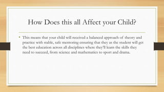 How Does this all Affect your Child?
• This means that your child will received a balanced approach of theory and
practice with stable, safe mentoring ensuring that they as the student will get
the best education across all disciplines where they’ll learn the skills they
need to succeed, from science and mathematics to sport and drama.
 