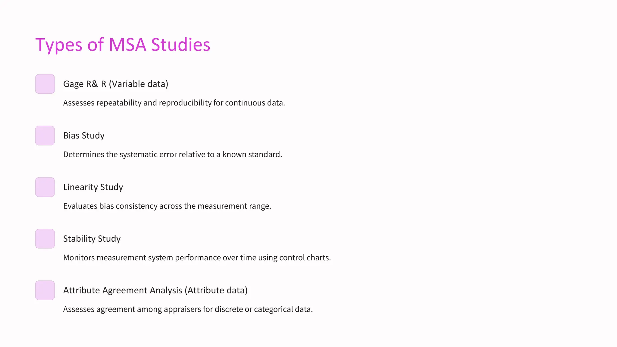 Types of MSA Studies
Gage R& R (Variable data)
Assesses repeatability and reproducibility for continuous data.
Bias Study
Determines the systematic error relative to a known standard.
Linearity Study
Evaluates bias consistency across the measurement range.
Stability Study
Monitors measurement system performance over time using control charts.
Attribute Agreement Analysis (Attribute data)
Assesses agreement among appraisers for discrete or categorical data.
 