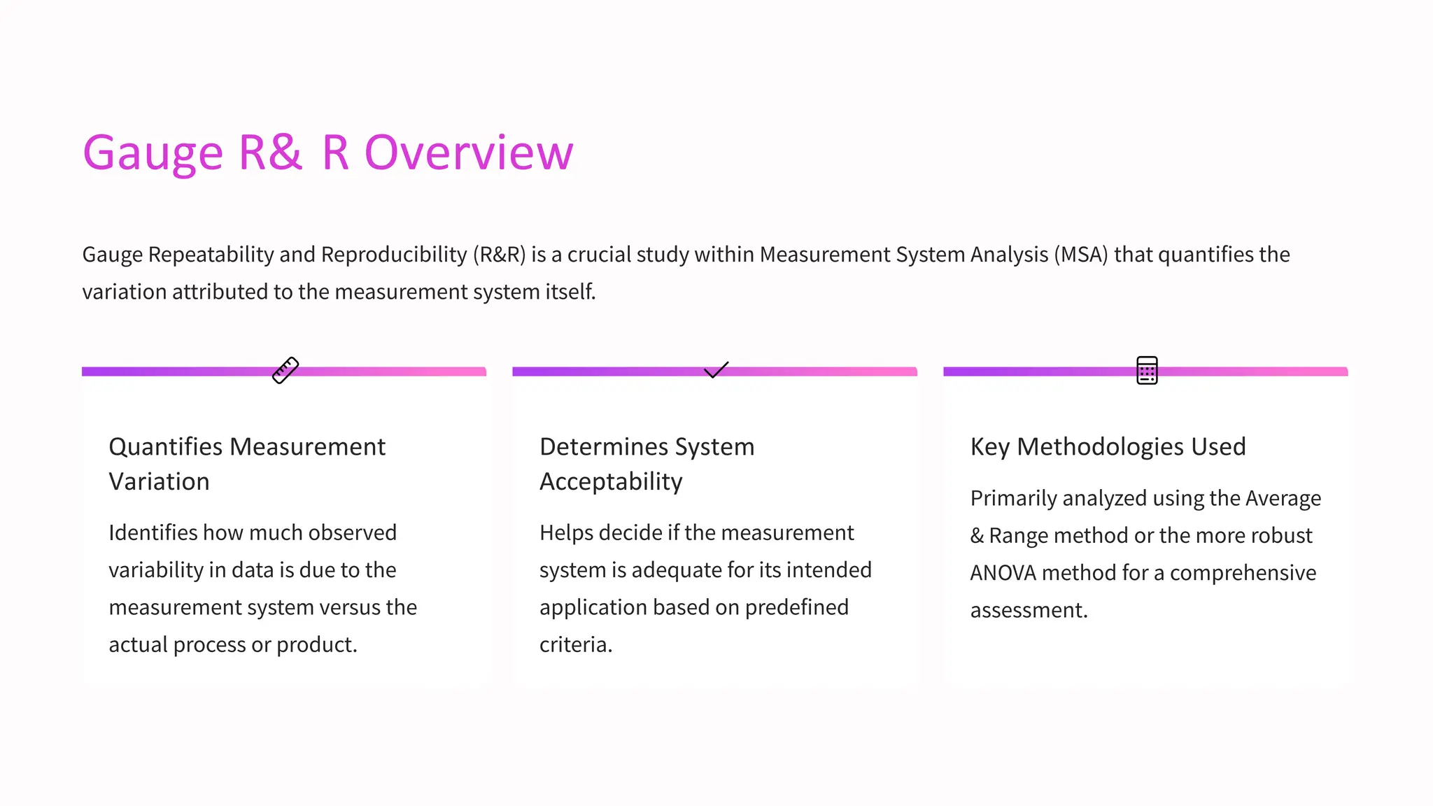 Gauge R& R Overview
Gauge Repeatability and Reproducibility (R&R) is a crucial study within Measurement System Analysis (MSA) that quantifies the
variation attributed to the measurement system itself.
Quantifies Measurement
Variation
Identifies how much observed
variability in data is due to the
measurement system versus the
actual process or product.
Determines System
Acceptability
Helps decide if the measurement
system is adequate for its intended
application based on predefined
criteria.
Key Methodologies Used
Primarily analyzed using the Average
& Range method or the more robust
ANOVA method for a comprehensive
assessment.
 