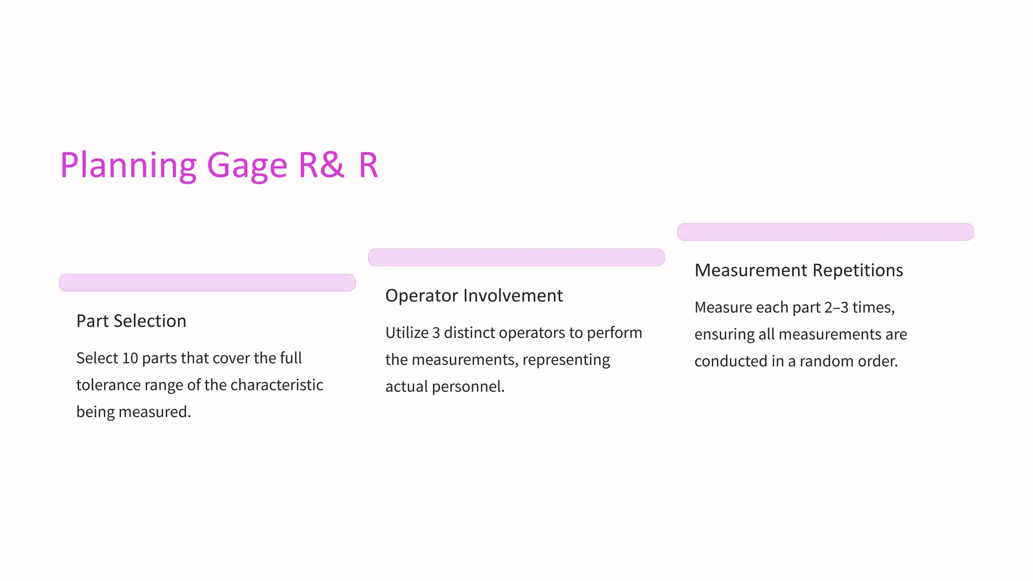Planning Gage R& R
Part Selection
Select 10 parts that cover the full
tolerance range of the characteristic
being measured.
Operator Involvement
Utilize 3 distinct operators to perform
the measurements, representing
actual personnel.
Measurement Repetitions
Measure each part 2–3 times,
ensuring all measurements are
conducted in a random order.
 