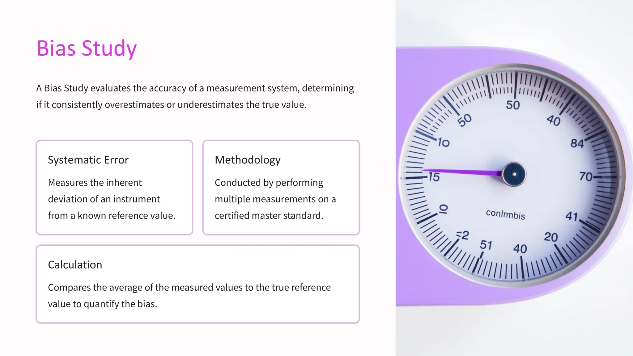Bias Study
A Bias Study evaluates the accuracy of a measurement system, determining
if it consistently overestimates or underestimates the true value.
Systematic Error
Measures the inherent
deviation of an instrument
from a known reference value.
Methodology
Conducted by performing
multiple measurements on a
certified master standard.
Calculation
Compares the average of the measured values to the true reference
value to quantify the bias.
 