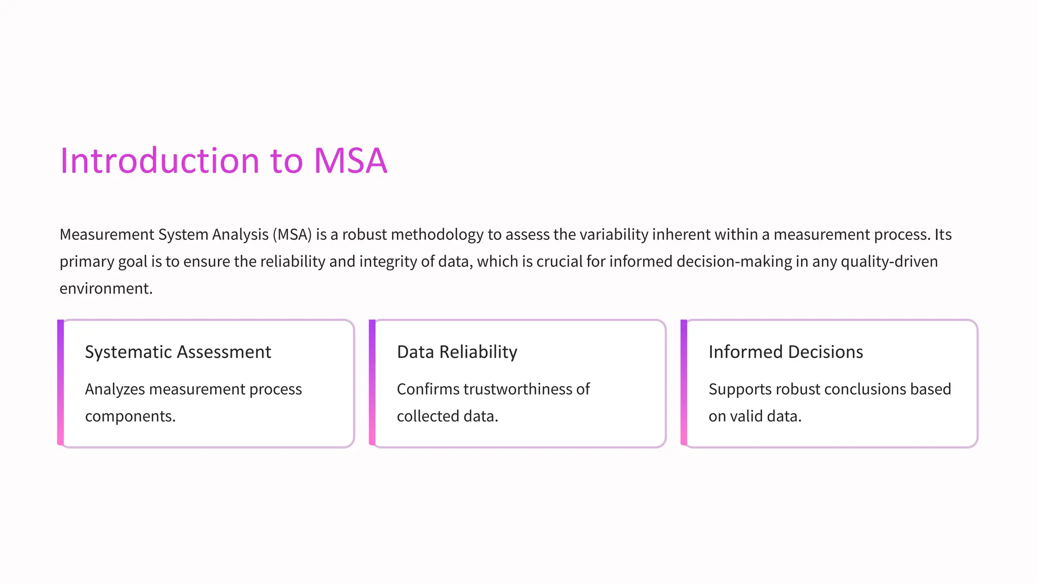 Introduction to MSA
Measurement System Analysis (MSA) is a robust methodology to assess the variability inherent within a measurement process. Its
primary goal is to ensure the reliability and integrity of data, which is crucial for informed decision-making in any quality-driven
environment.
Systematic Assessment
Analyzes measurement process
components.
Data Reliability
Confirms trustworthiness of
collected data.
Informed Decisions
Supports robust conclusions based
on valid data.
 