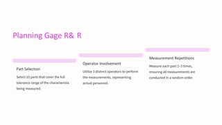 Planning Gage R& R
Part Selection
Select 10 parts that cover the full
tolerance range of the characteristic
being measured.
Operator Involvement
Utilize 3 distinct operators to perform
the measurements, representing
actual personnel.
Measurement Repetitions
Measure each part 2–3 times,
ensuring all measurements are
conducted in a random order.
 