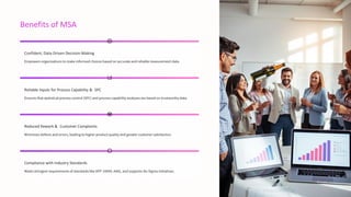 Benefits of MSA
Confident, Data-Driven Decision-Making
Empowers organizations to make informed choices based on accurate and reliable measurement data.
Reliable Inputs for Process Capability & SPC
Ensures that statistical process control (SPC) and process capability analyses are based on trustworthy data.
Reduced Rework & Customer Complaints
Minimizes defects and errors, leading to higher product quality and greater customer satisfaction.
Compliance with Industry Standards
Meets stringent requirements of standards like IATF 16949, AIAG, and supports Six Sigma initiatives.
 