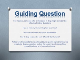 For instance, someone who is interested in dogs might consider the
following Guiding Questions:
How do I train my German Shepherd to do tricks?
Why do some breeds of dogs get hip dysplasia?
How do dogs perceive the world differently than humans?
Notice how the questions are asking about a specific topic (training; hip
dysplasia; dogs’ perception) so that the person is not researching
everything there is to know about dogs.
 